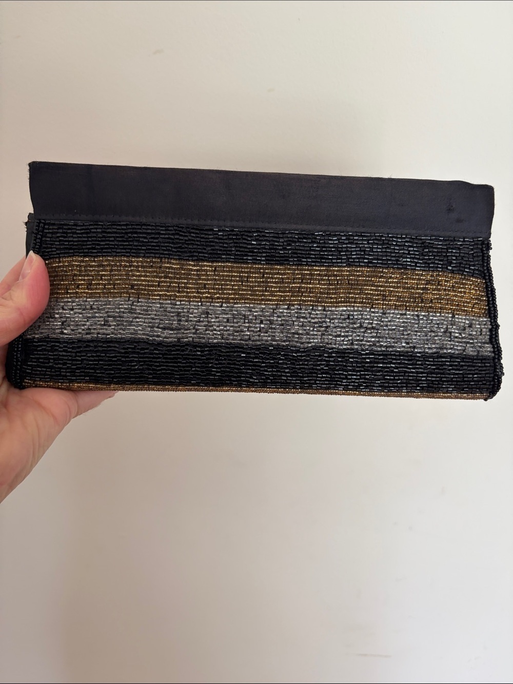 Vintage! Beaded Striped Clutch - Black, Gold & Silver